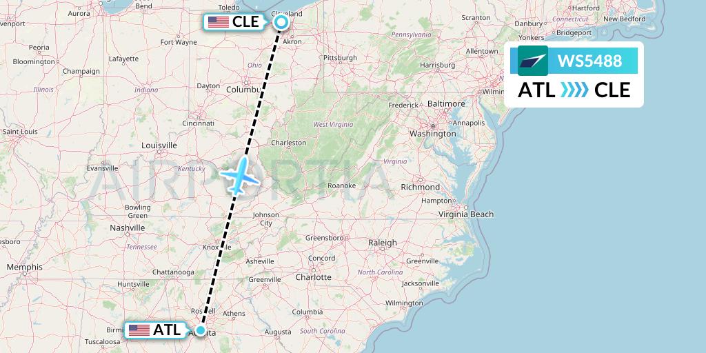 WS5488 WestJet Flight Map: Atlanta to Cleveland