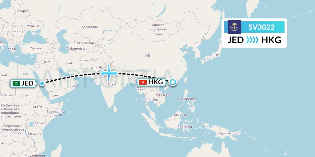 SV3022 Saudi Arabian Airlines Flight Map: Jeddah to Hong Kong