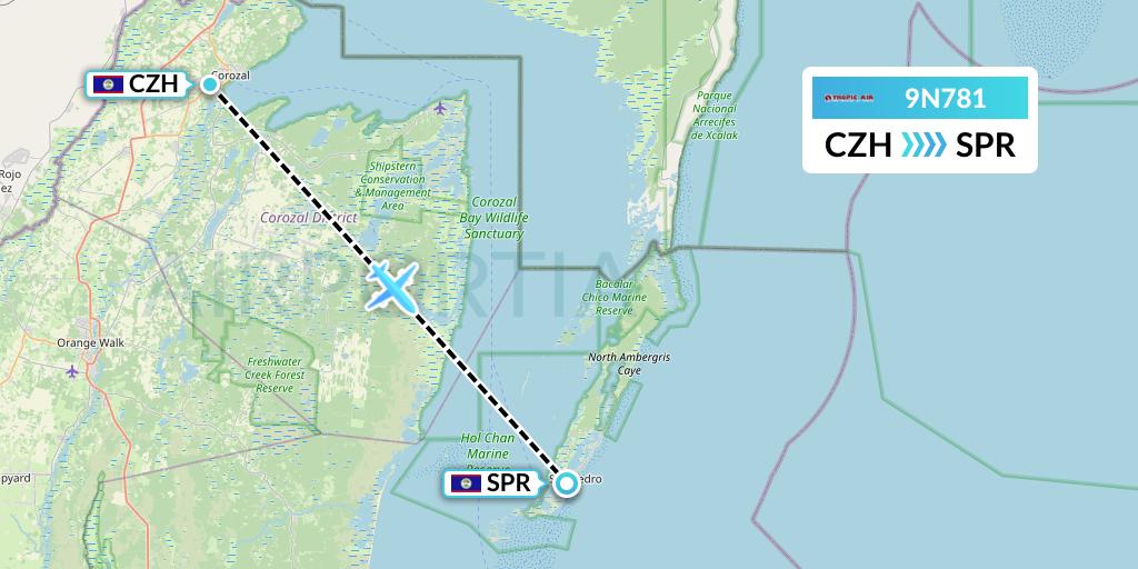 9N781 Tropic Air Flight Map: Corozal to San Pedro