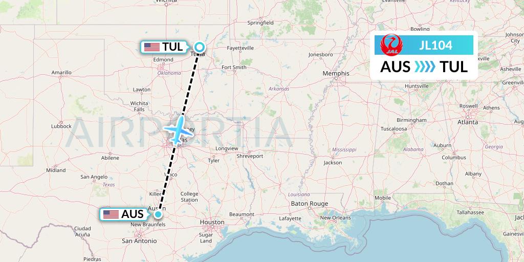 JL104 Japan Airlines Flight Map: Austin to Tulsa
