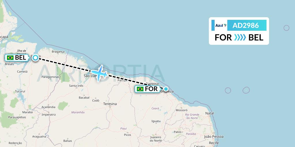 AD2986 Azul Brazilian Airlines Flight Map: Fortaleza to Belem
