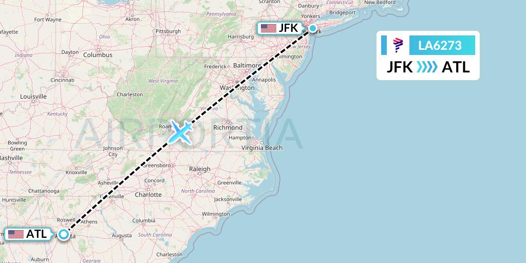LA6273 LAN Airlines Flight Map: New York to Atlanta