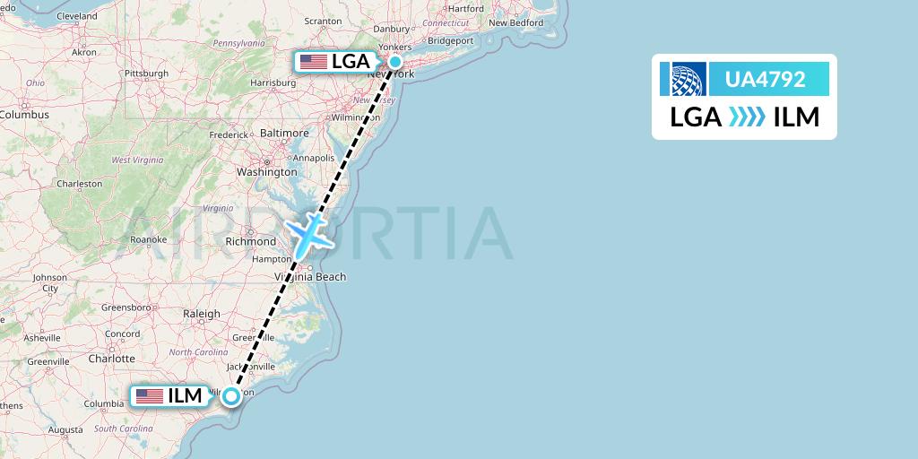 UA4792 United Airlines Flight Map: New York to Wilmington
