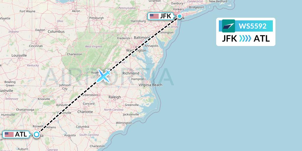WS5592 WestJet Flight Map: New York to Atlanta