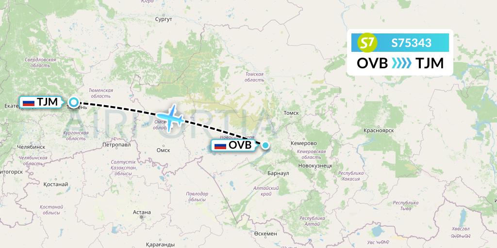 S75343 S7 Airlines Flight Map: Novosibirsk to Tyumen