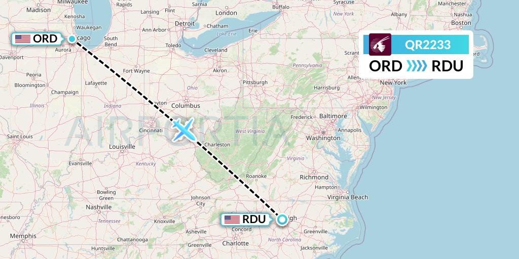 QR2233 Qatar Airways Flight Map: Chicago to Raleigh-Durham