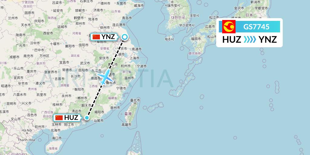 GS7745 Tianjin Airlines Flight Map: Huizhou to Yancheng
