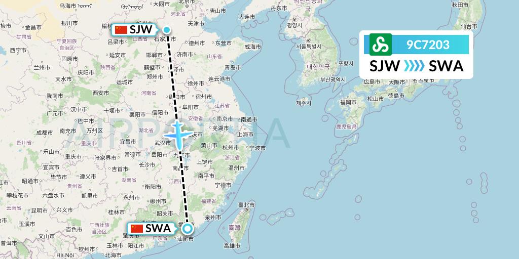 9C7203 Spring Airlines Flight Map: Shijiazhuang to Jieyang