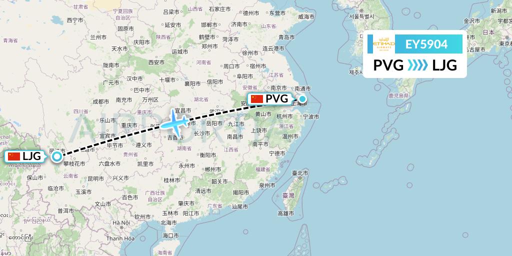 EY5904 Etihad Airways Flight Map: Shanghai to Lijiang