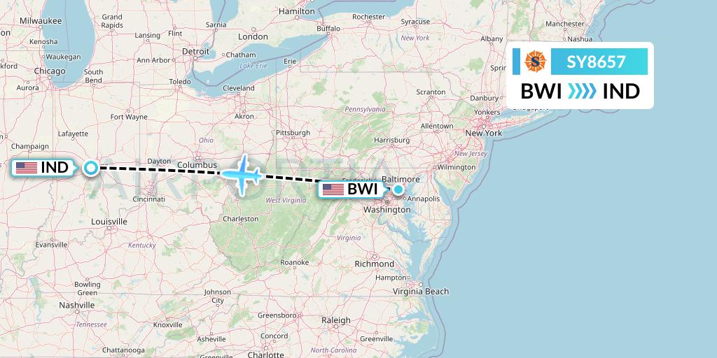 SY8657 Sun Country Airlines Flight Map: Baltimore to Indianapolis