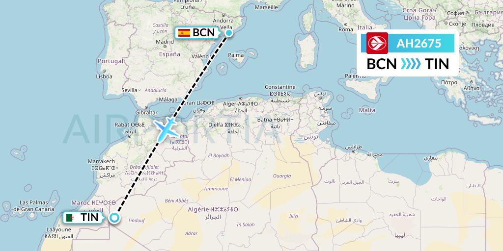 AH2675 Air Algerie Flight Map: Barcelona to Tindouf