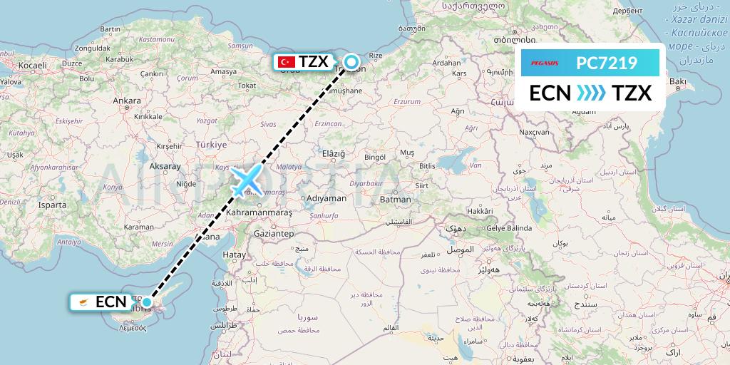 PC7219 Pegasus Airlines Flight Map: Tymvou to Trabzon