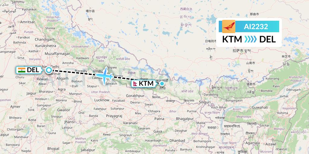 AI2232 Air India Flight Map: Kathmandu to Delhi