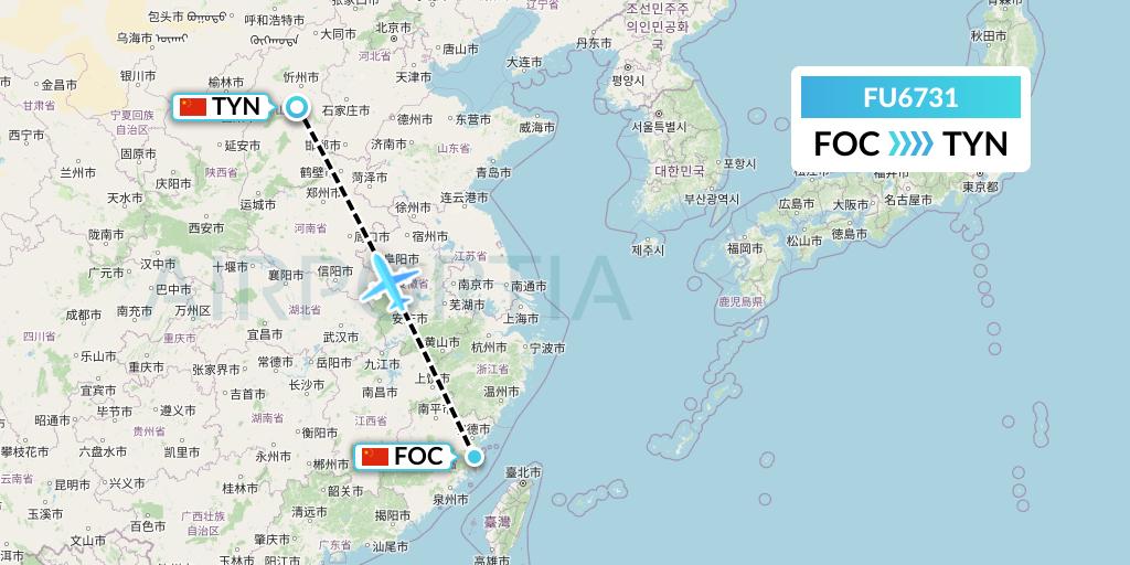 FU6731 Fuzhou Airlines Flight Map: Fuzhou to Taiyuan