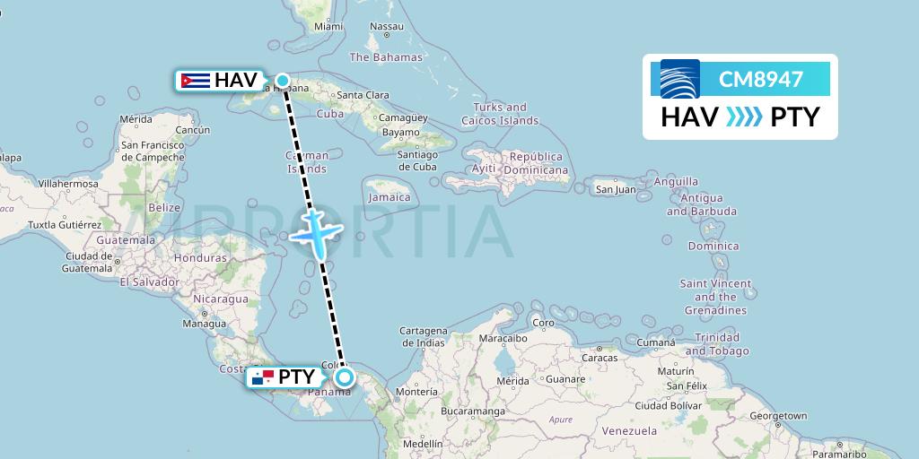 CM8947 Copa Airlines Flight Map: Havana to Panama City