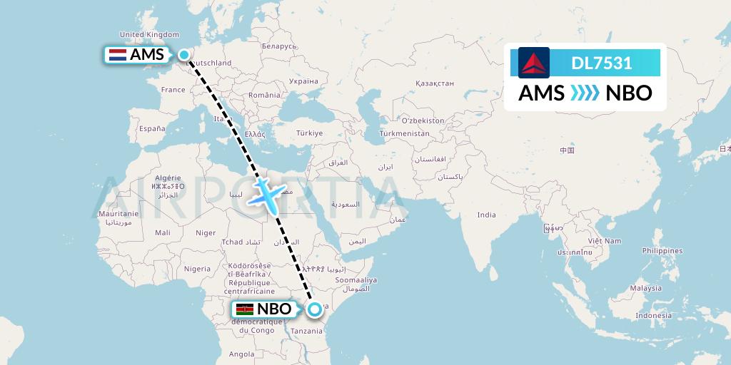 DL7531 Delta Air Lines Flight Map: Amsterdam to Nairobi