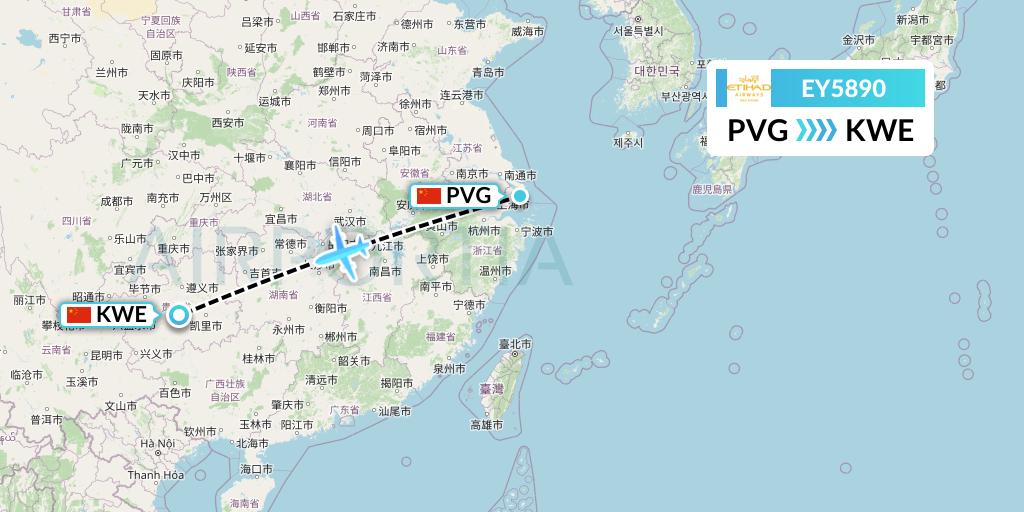 EY5890 Etihad Airways Flight Map: Shanghai to Guiyang