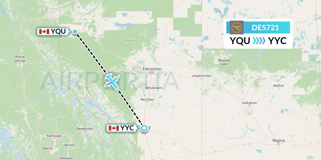 DE5721 Condor Flight Map: Grande Prairie to Calgary