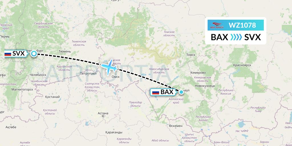 WZ1078 Red Wings Flight Map: Barnaul to Yekaterinburg