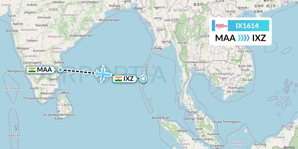 IX1614 Air India Express Flight Map: Chennai to Port Blair