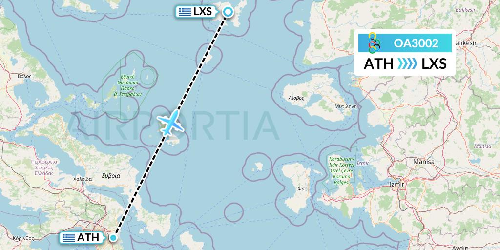 OA3002 Olympic Air Flight Map: Athens to Lemnos