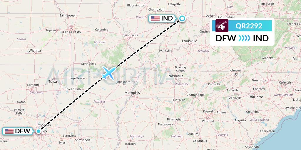 QR2292 Qatar Airways Flight Map: Dallas to Indianapolis