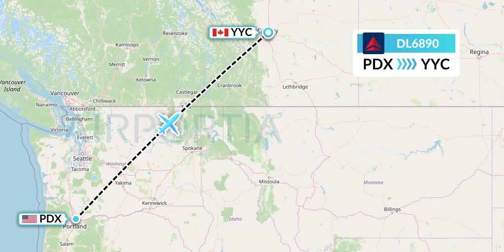 DL6890 Delta Air Lines Flight Map: Portland to Calgary