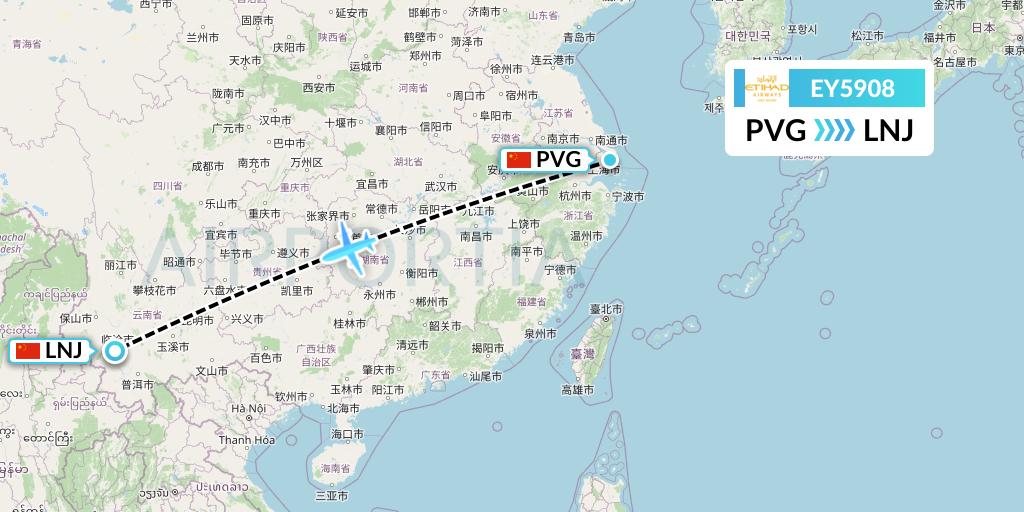 EY5908 Etihad Airways Flight Map: Shanghai to Lincang