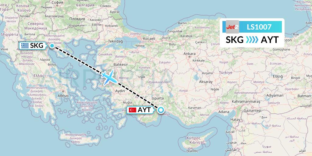 LS1007 Jet2 Flight Map: Thessaloniki to Antalya