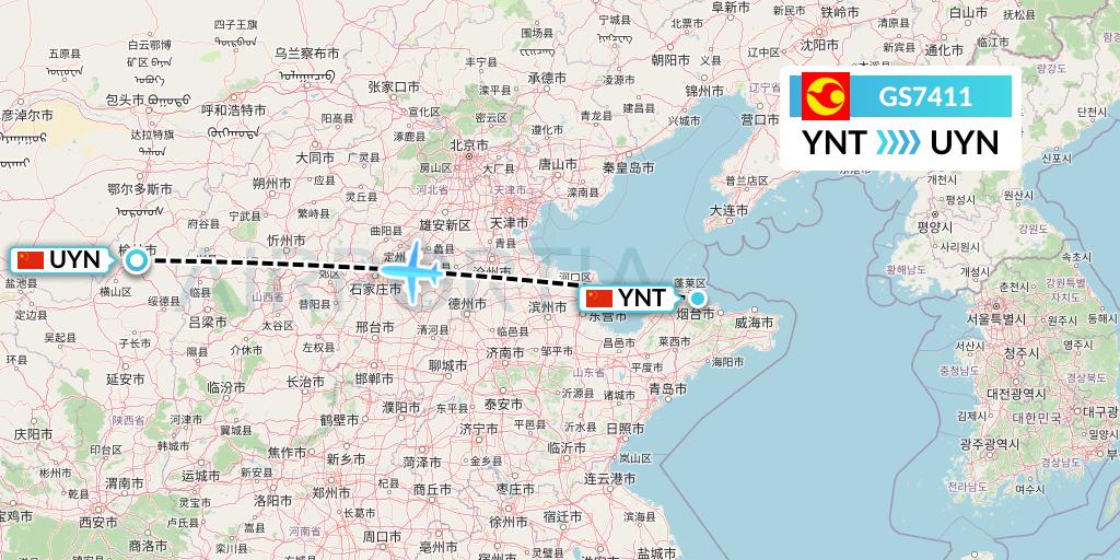 GS7411 Tianjin Airlines Flight Map: Yantai to Yulin