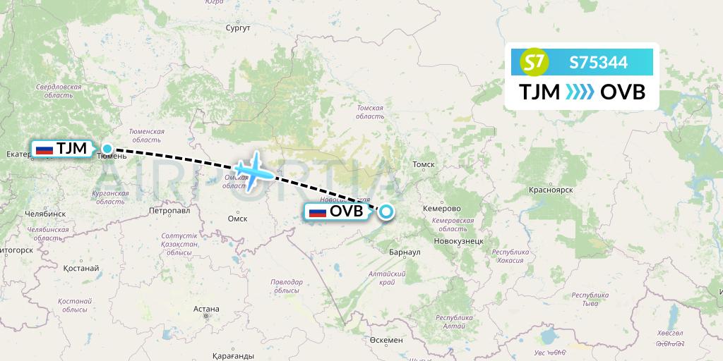 S75344 S7 Airlines Flight Map: Tyumen to Novosibirsk