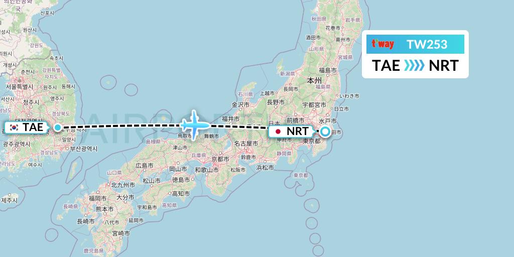TW253 T'way Air Flight Map: Daegu to Tokyo