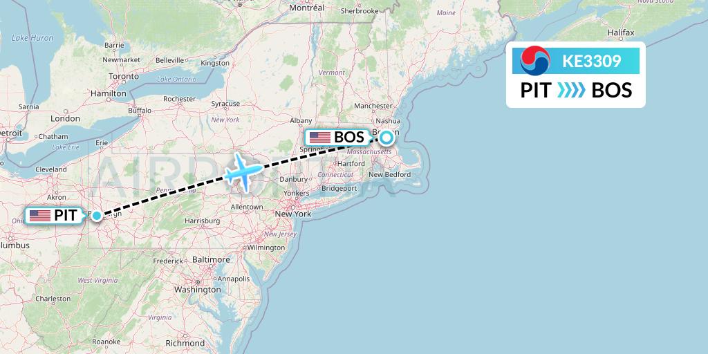 KE3309 Korean Air Flight Map: Pittsburgh to Boston
