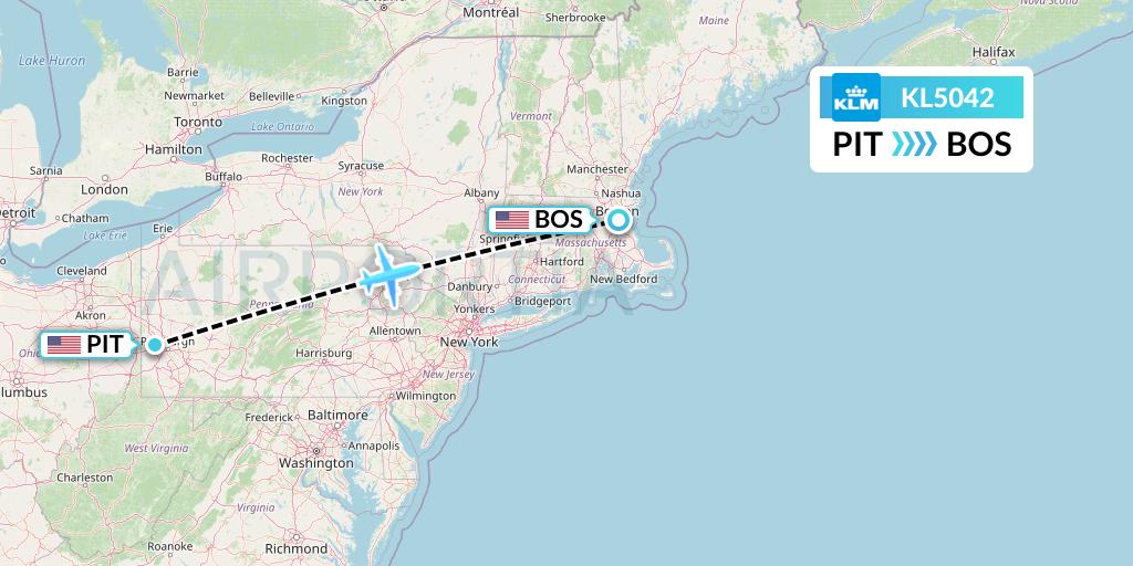 KL5042 KLM Flight Map: Pittsburgh to Boston