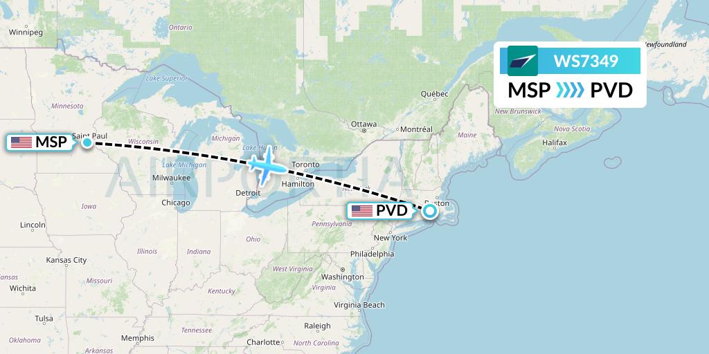 WS7349 WestJet Flight Map: Minneapolis to Providence