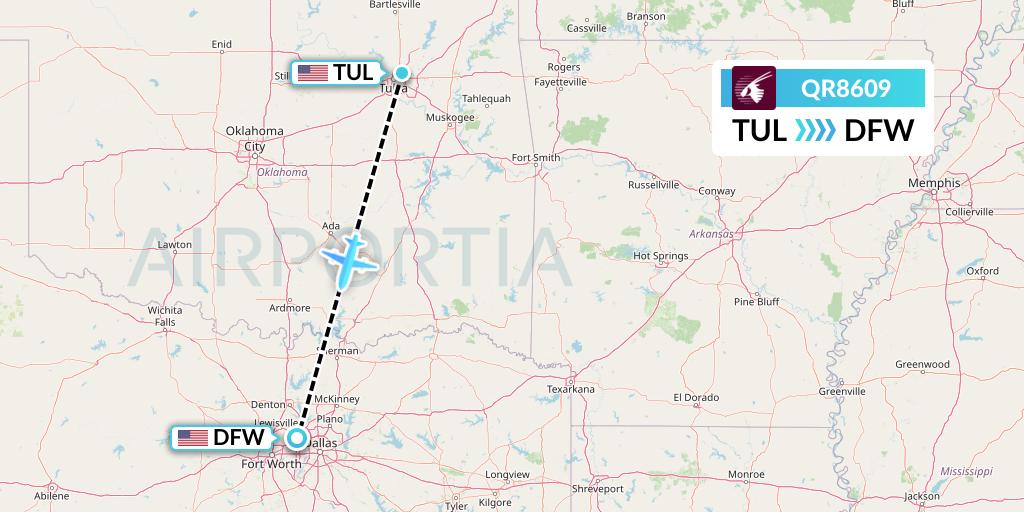 QR8609 Qatar Airways Flight Map: Tulsa to Dallas