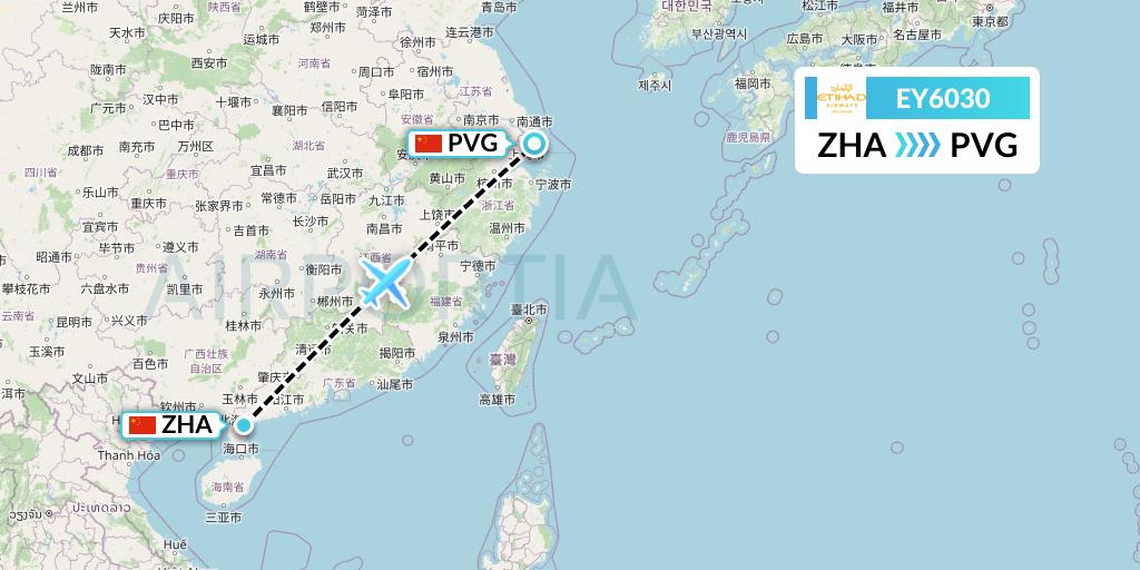 EY6030 Etihad Airways Flight Map: Zhanjiang to Shanghai
