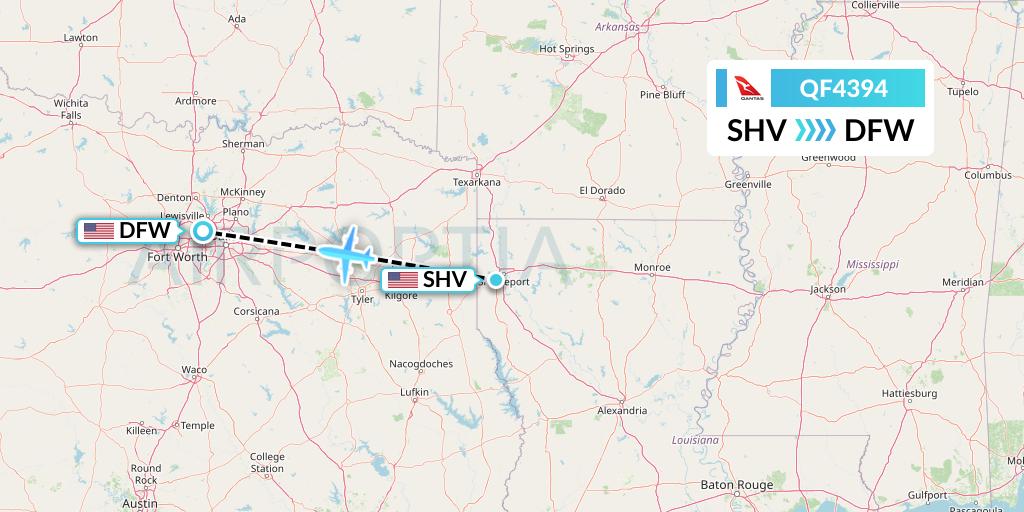 QF4394 Qantas Flight Map: Shreveport to Dallas