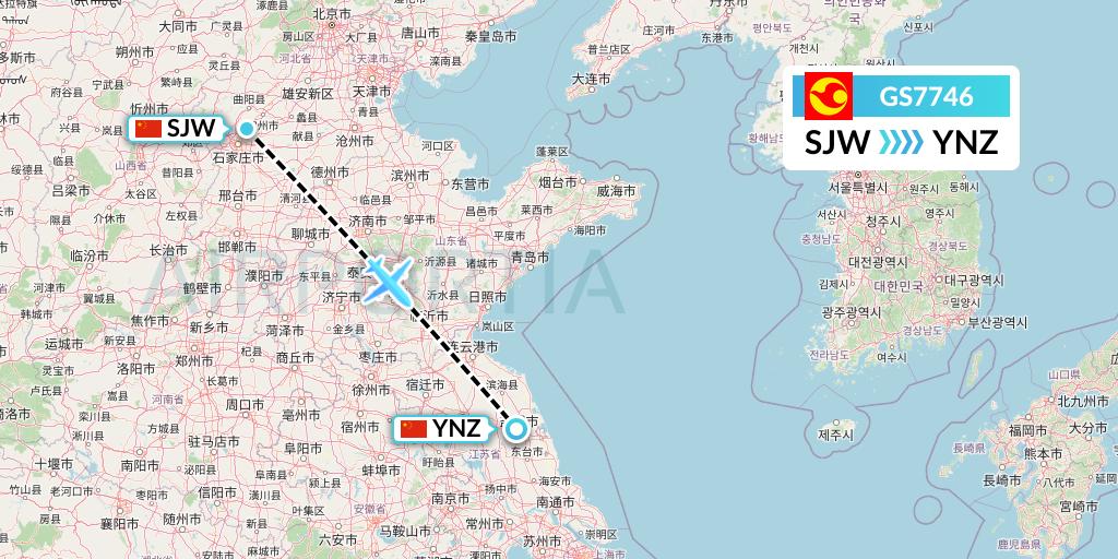 GS7746 Tianjin Airlines Flight Map: Shijiazhuang to Yancheng