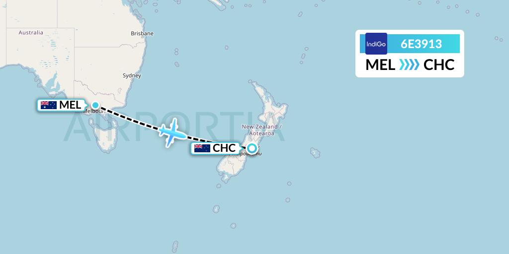 6E3913 IndiGo Airlines Flight Map: Melbourne to Christchurch