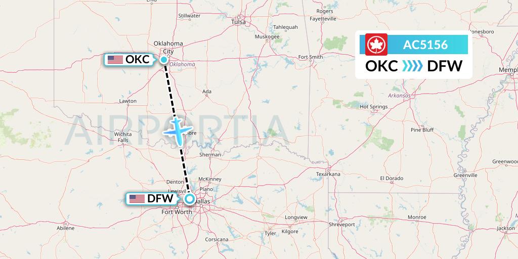 AC5156 Air Canada Flight Map: Oklahoma City to Dallas