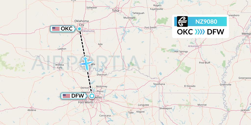 NZ9080 Air New Zealand Flight Map: Oklahoma City to Dallas