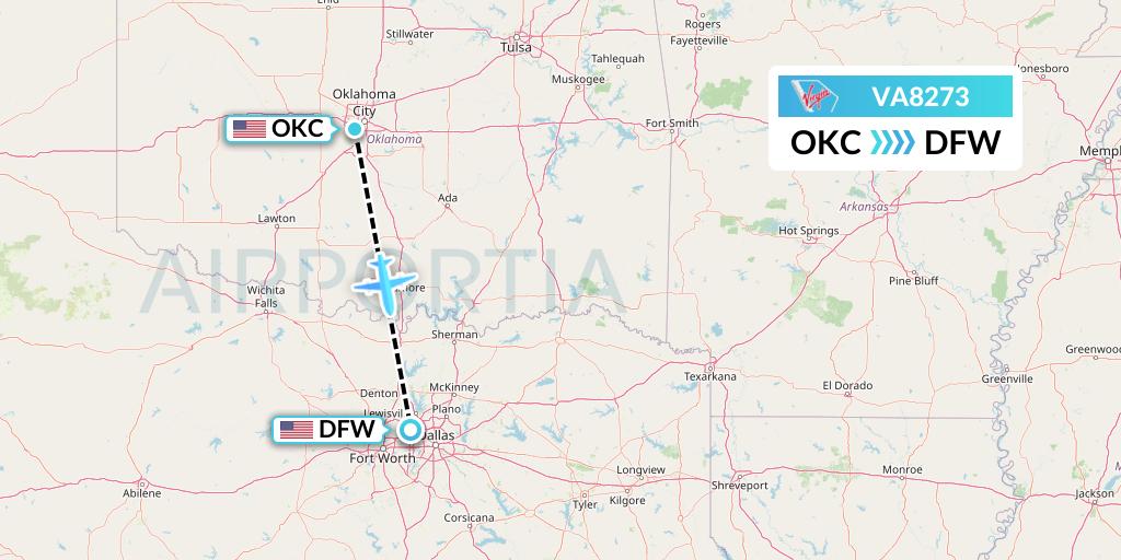 VA8273 Virgin Australia Flight Map: Oklahoma City to Dallas
