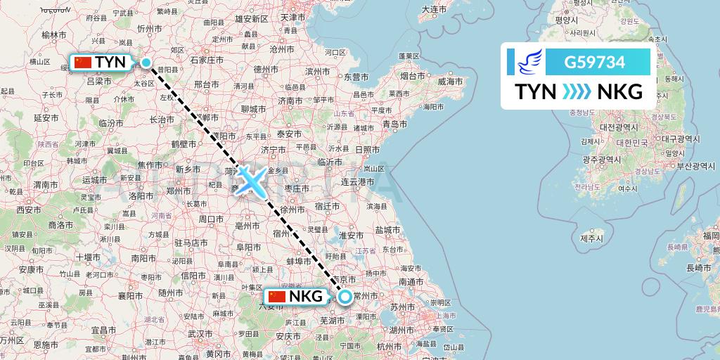 G59734 China Express Airlines Flight Map: Taiyuan to Nanjing