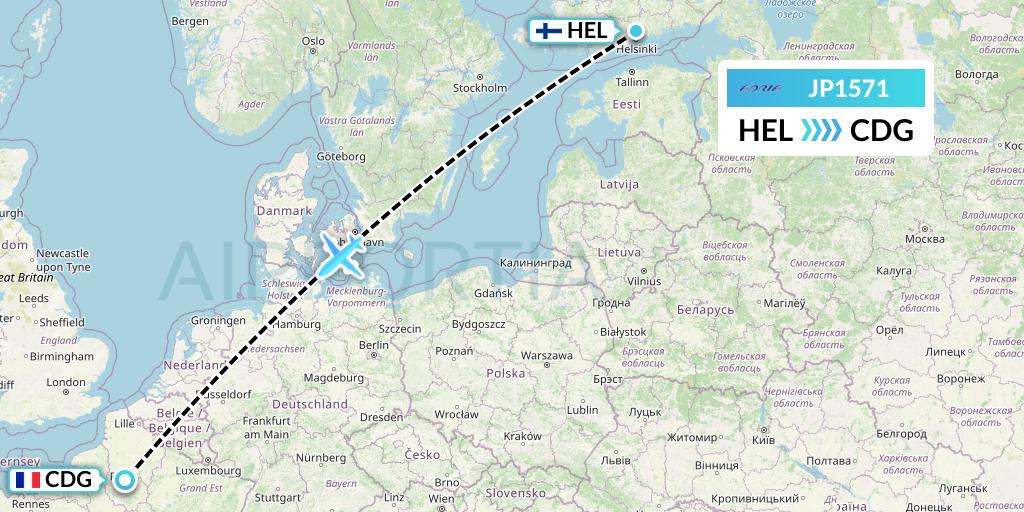 JP1571 Adria Airways Flight Map: Helsinki to Paris