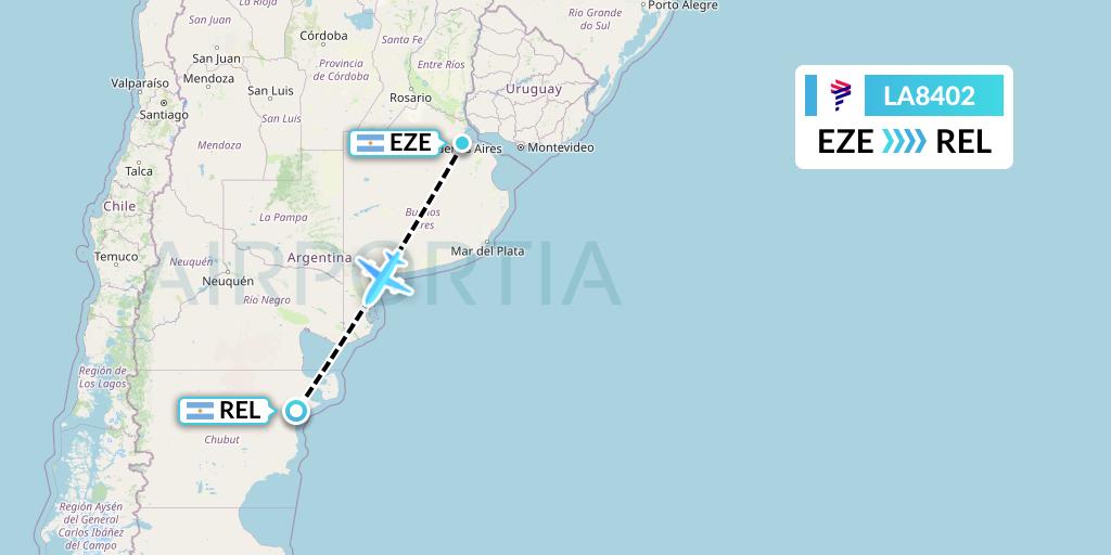 LA8402 LAN Airlines Flight Map: Buenos Aires to Trelew