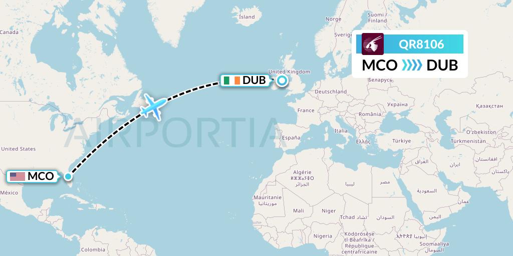 QR8106 Qatar Airways Flight Map: Orlando to Dublin