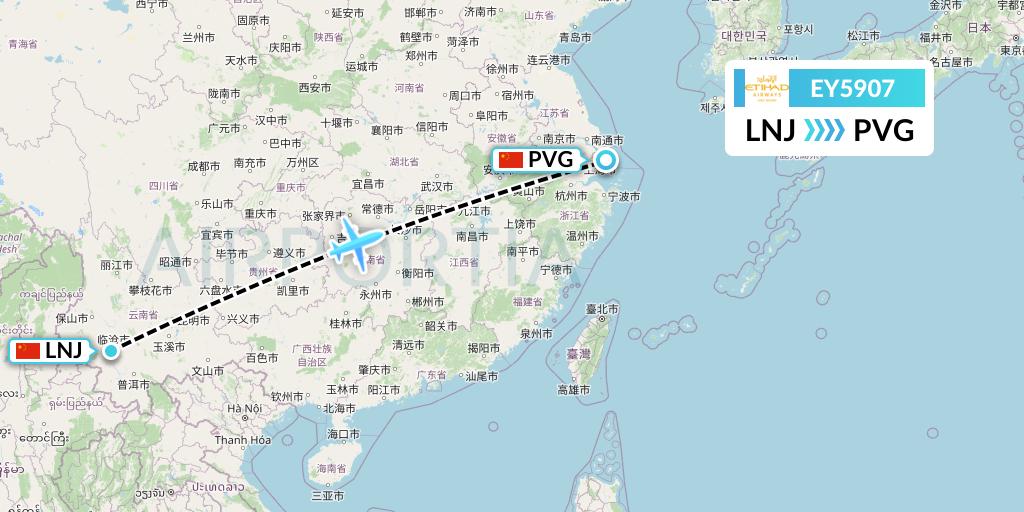 EY5907 Etihad Airways Flight Map: Lincang to Shanghai