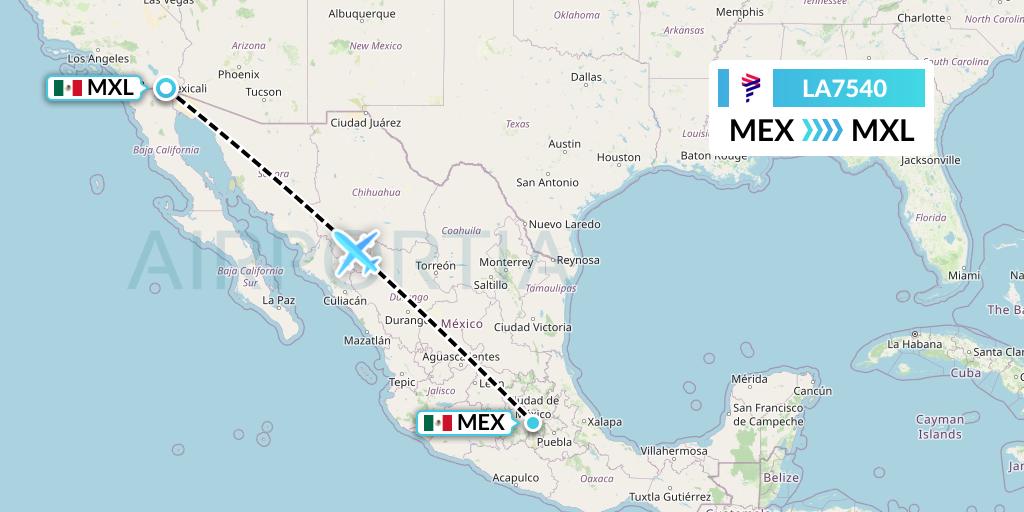 LA7540 LAN Airlines Flight Map: Mexico City to Mexicali