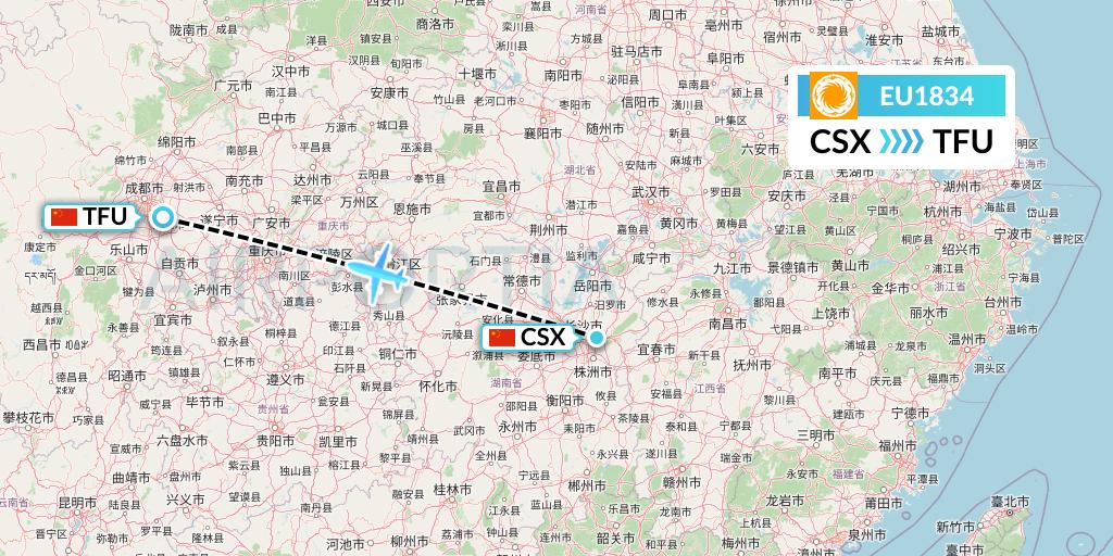 EU1834 Chengdu Airlines Flight Map: Changsha to Chengdu